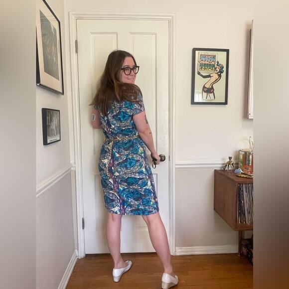 60s Vintage Blue Printed Pull Over Day Dress - Picture 4 of 7